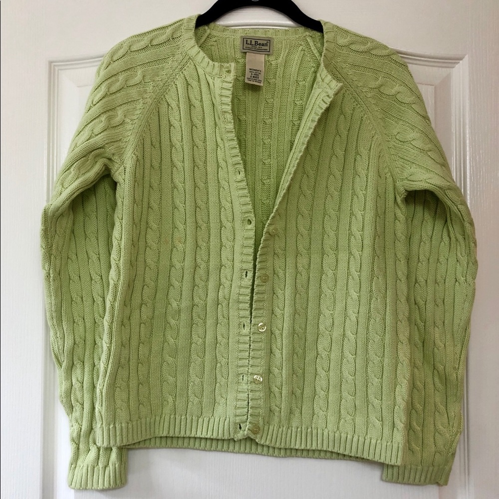 L.L. Bean Green Cable Knit Button Up Sweater
